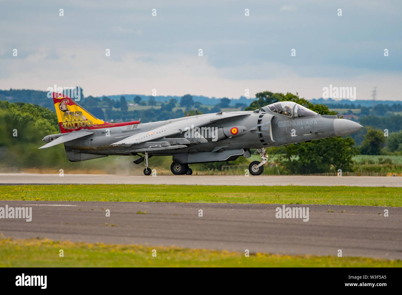 A Spanish Navy  EAV-8B Harrier II Plus fighter aircraft taking part in the flying display for the Air Day at RNAS Yeovilton, UK on 13/7/19. Stock Photo