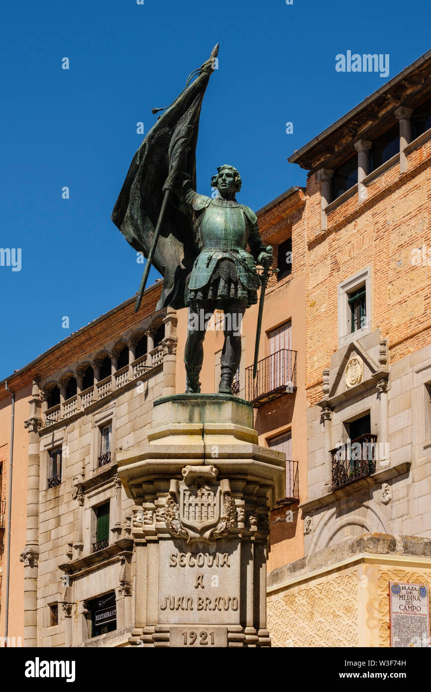 Juan Bravo Statue, Medina del Campo square. Segovia city. Castilla León, Spain Europe Stock Photo