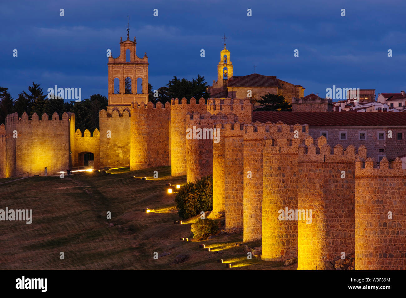 Medieval monumental walls at dusk, UNESCO World Heritage Site. Avila city. Castilla León, Spain Europe Stock Photo