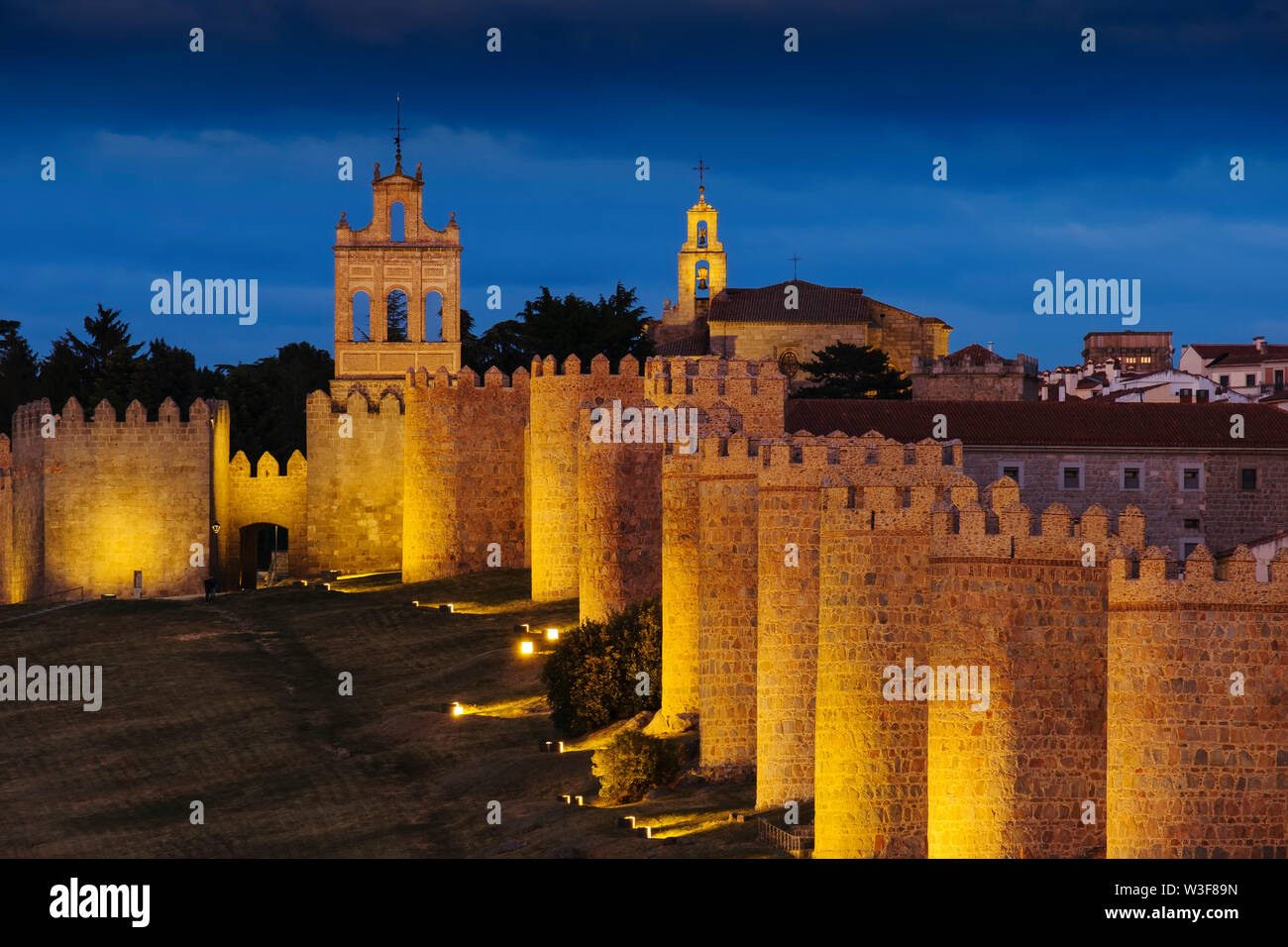 Medieval monumental walls at dusk, UNESCO World Heritage Site. Avila city. Castilla León, Spain Europe Stock Photo