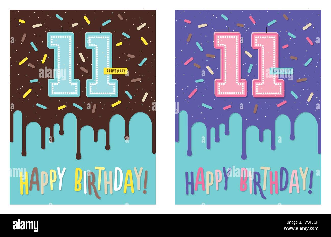 Birthday greeting card with cake and 11 candle Stock Vector