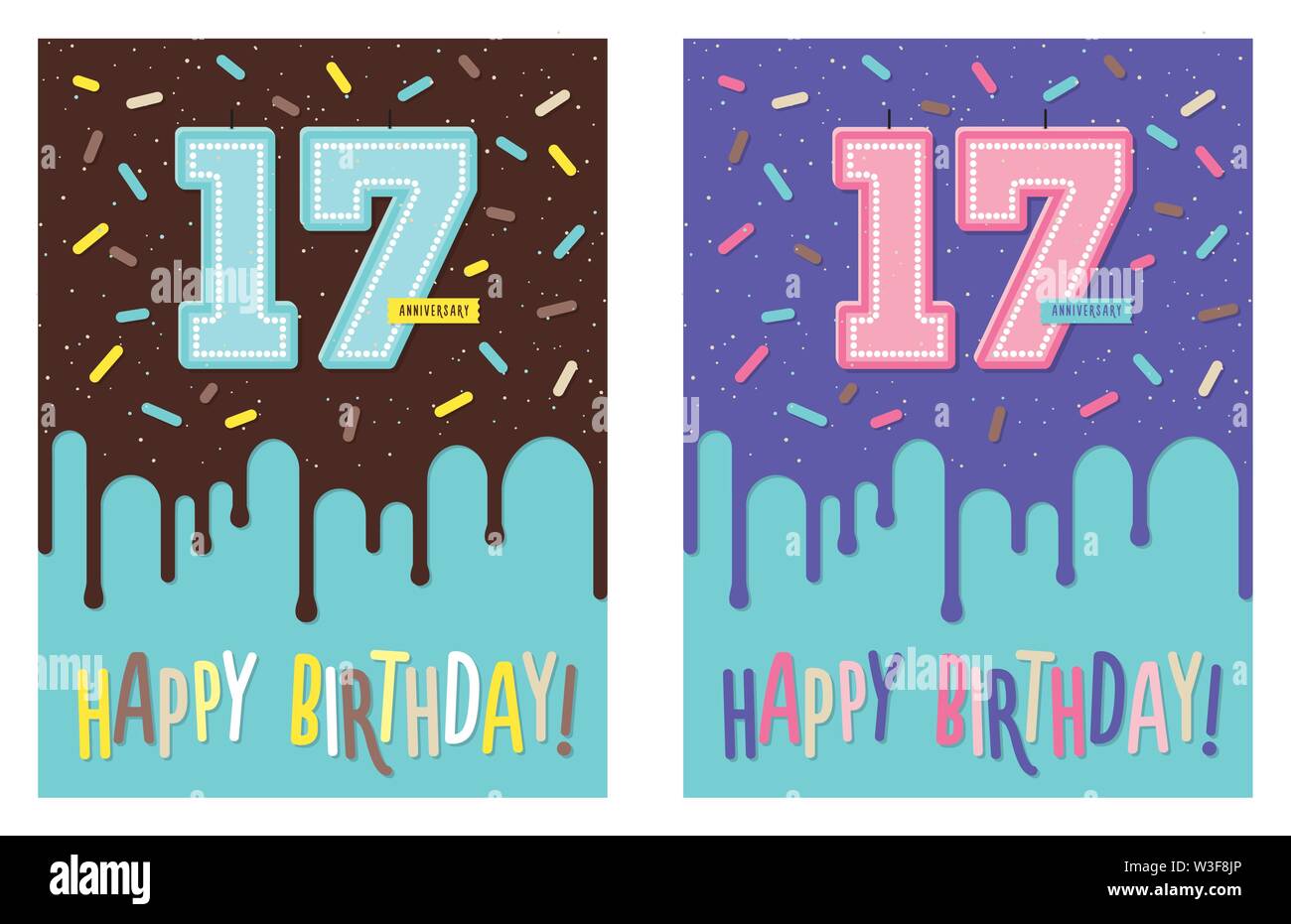 Birthday greeting card with cake and 17 candle Stock Vector