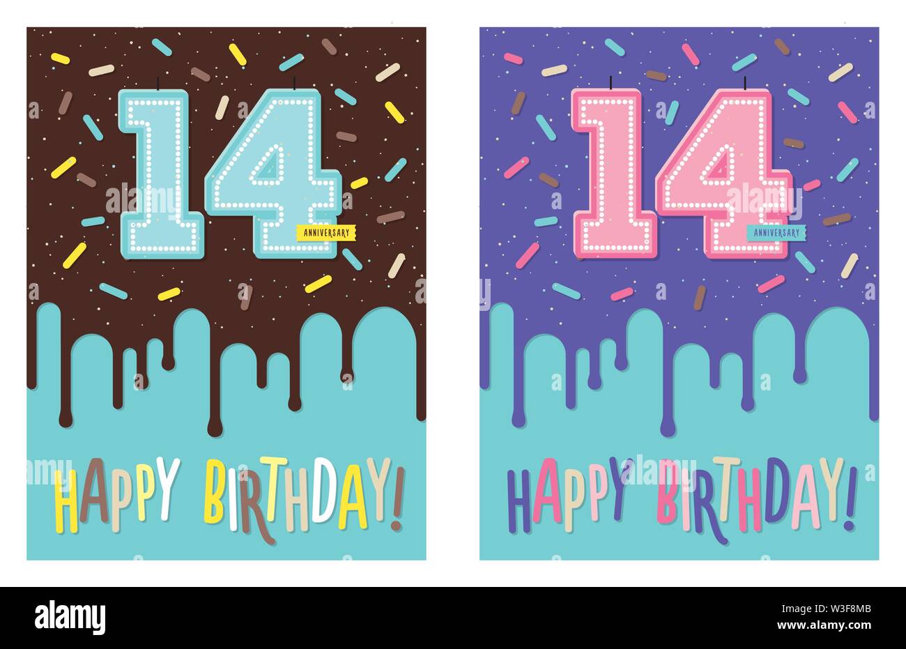Birthday greeting card with cake and 14 candle Stock Vector