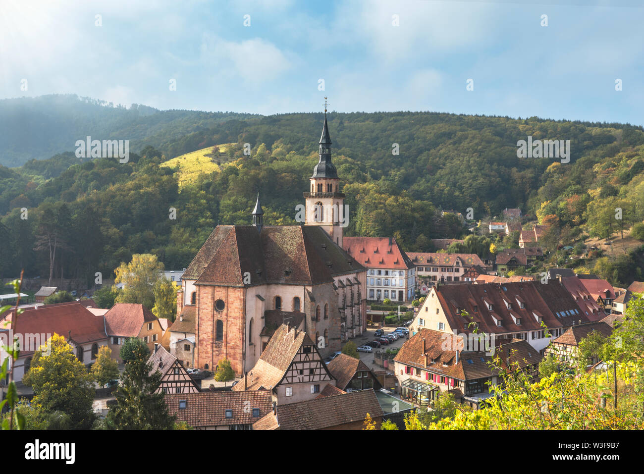 village Andlau from above, Alsace Wine Route, France, ancient monastery at the foothills of the Vosges mountains Stock Photo