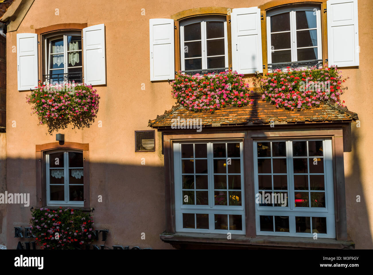 house with oriel and flower decoration in the village Mittelbergheim, Alsace Wine Route, France Stock Photo