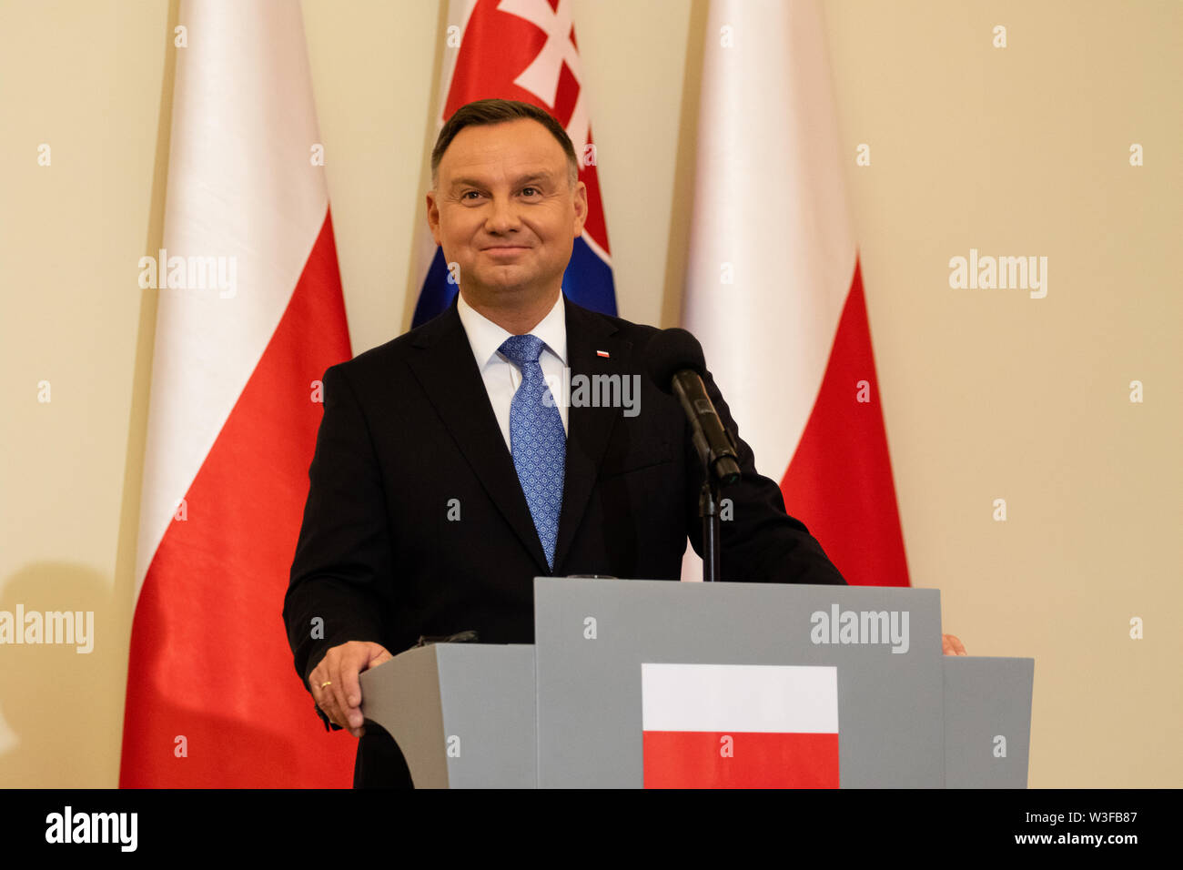 President Andrzej Duda delivers speech to the media at the Presidential Palace during a press conference.This is the first official visit of the new president of Slovakia in Poland. After one-on-one meeting of both presidents, a press conference was held. President Andrzej Duda told reporters that he had discussed with the President of Slovakia topics related to European politics and the current problems of the European Union, especially in the context of the latest elections to the European Parliament. Stock Photo