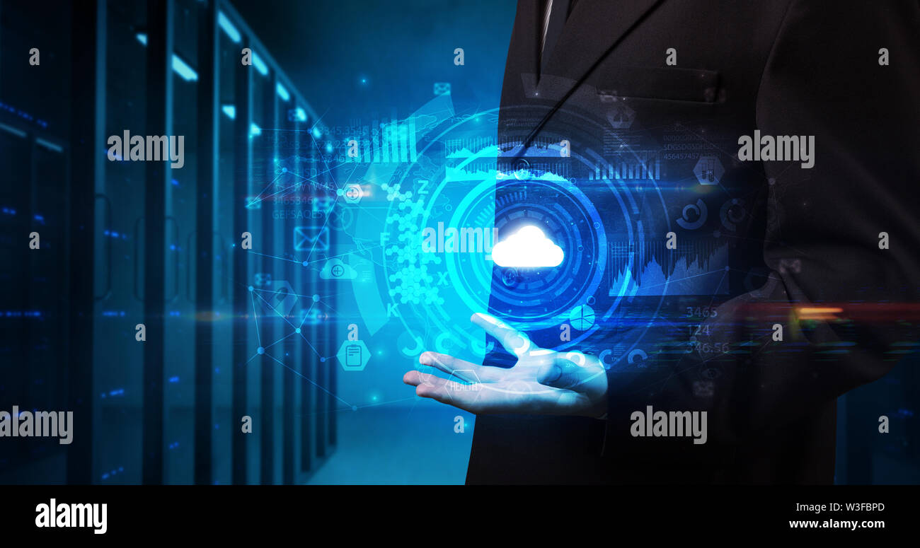 Man holding hologram projection displaying biometric security concept Stock Photo