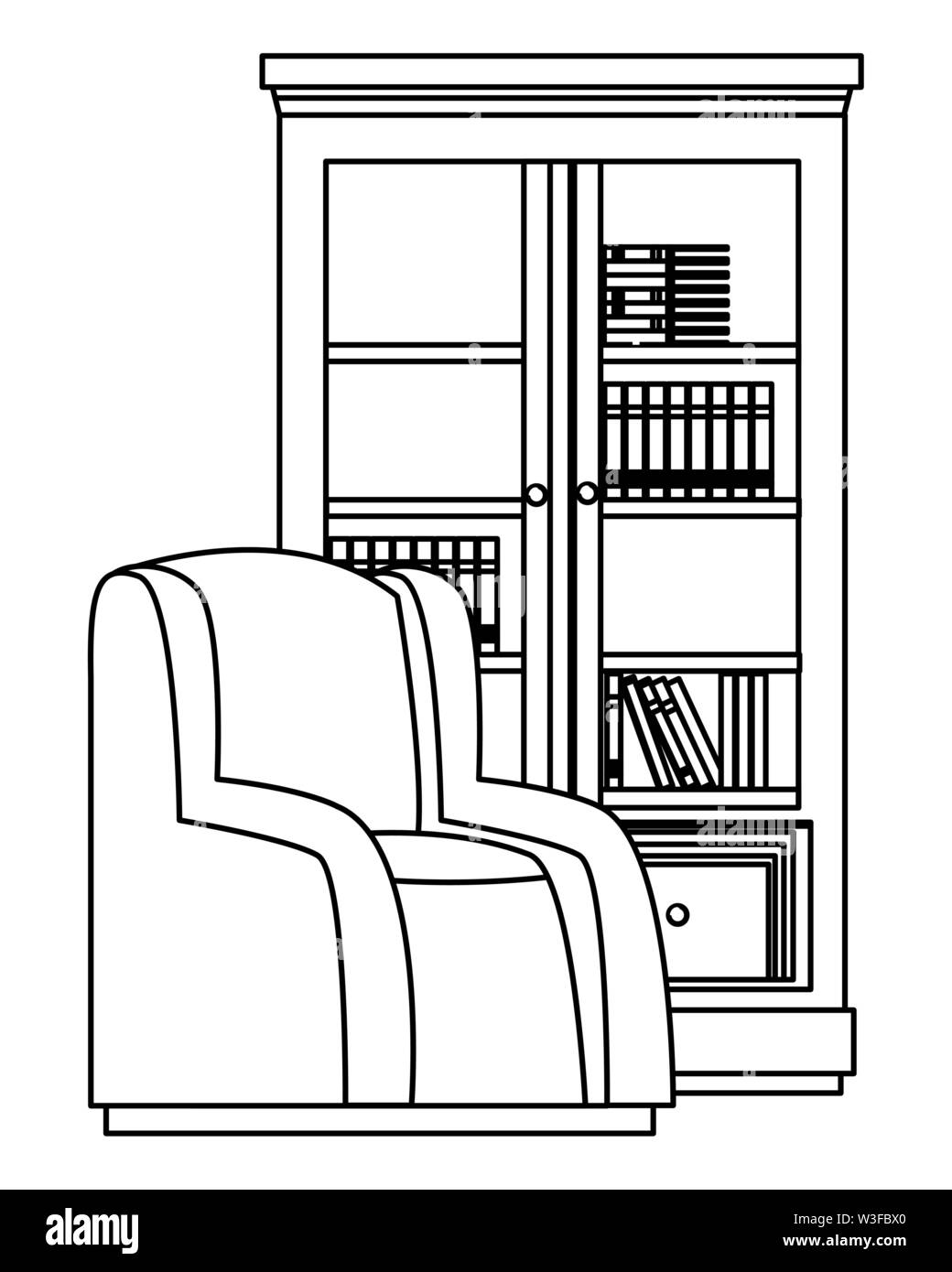 House wooden library with sofa furniture in black and white Stock