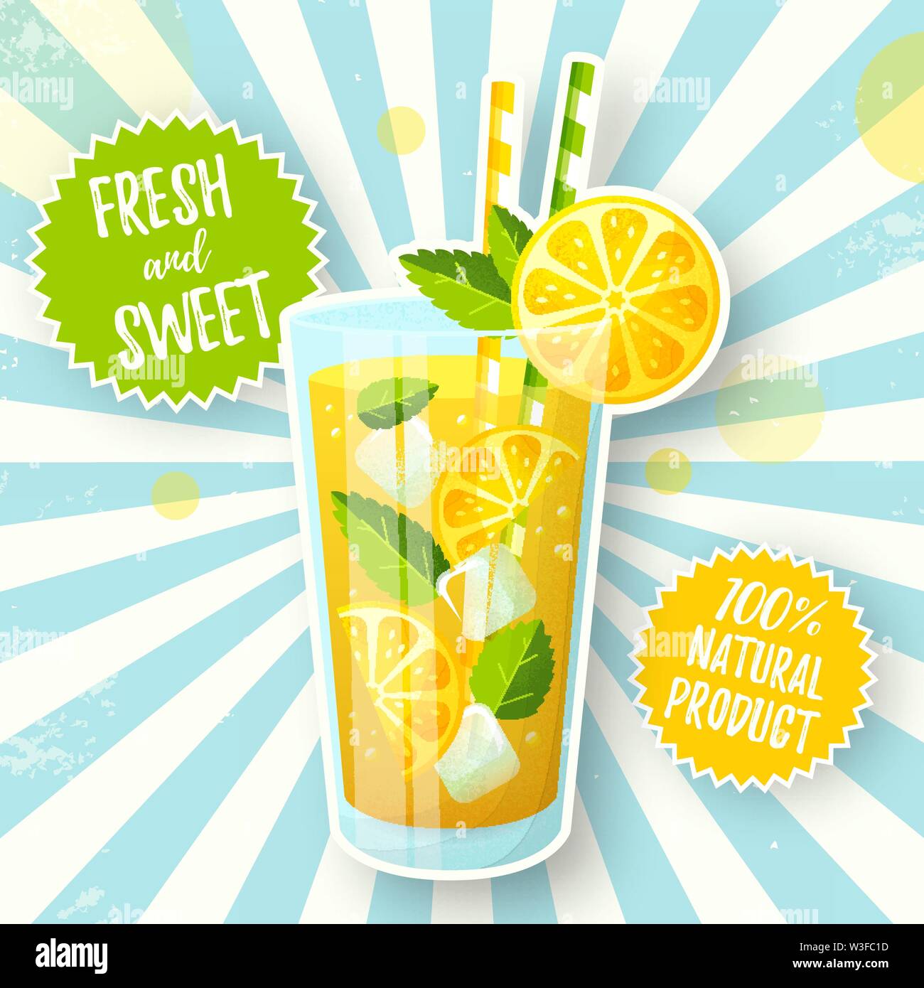 Banner with lemonade. Vector illustration with glass of fresh summer drink with lemon slices, ice cubes and mint leaves on retro background. Stock Vector
