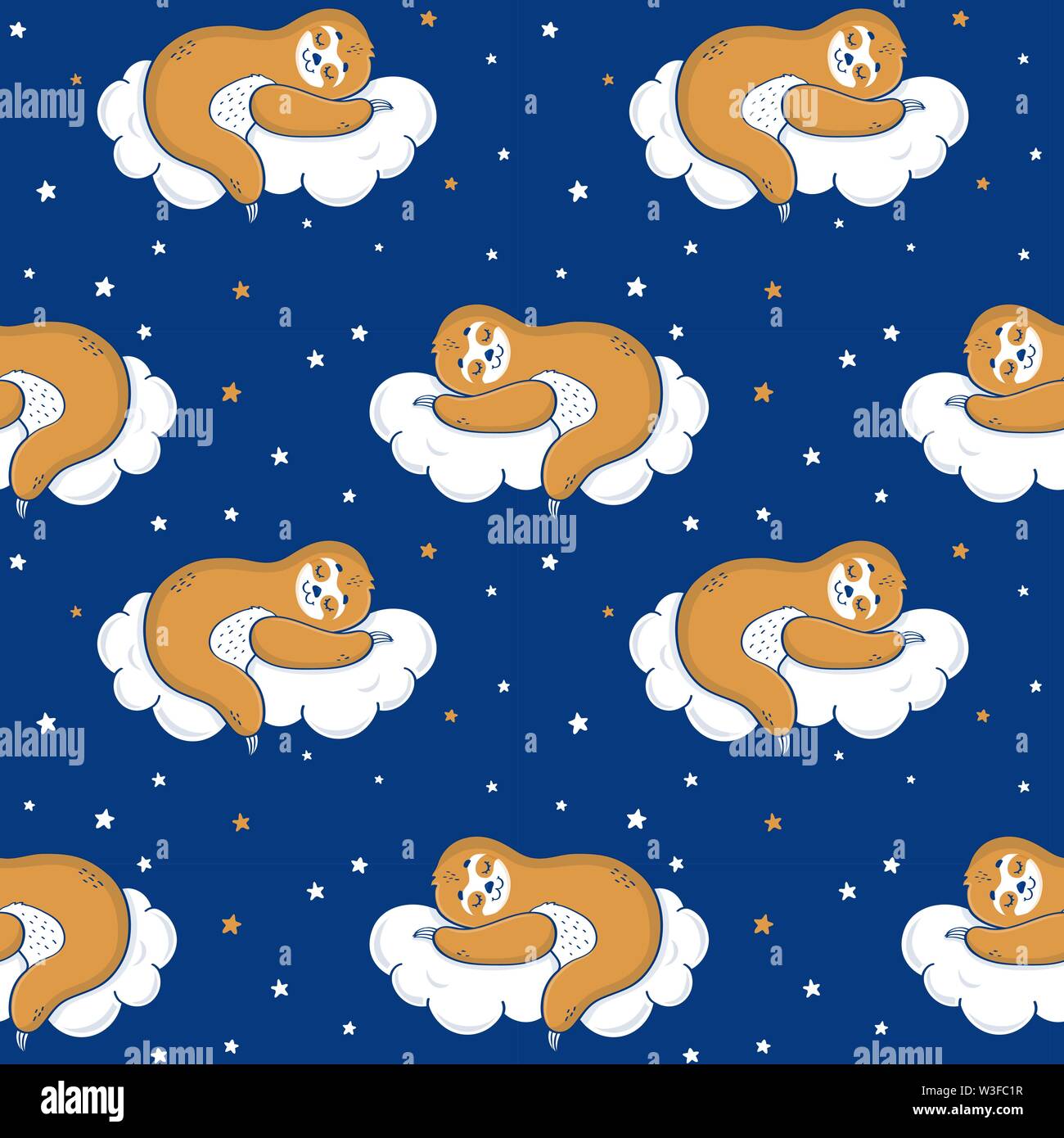 Seamless pattern with cute sloth sleeping on a cloud. Vector background. Stock Vector
