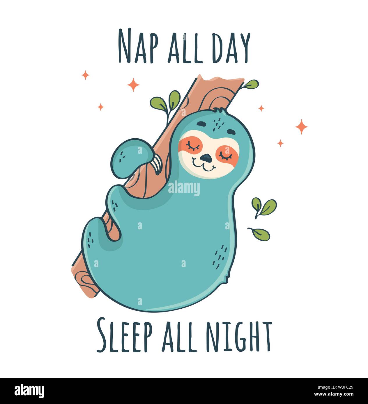 Sloth sleeping on the tree isolated on white background. Cute vector illustration with funny phrase - Nap all day Sleep all night. Stock Vector