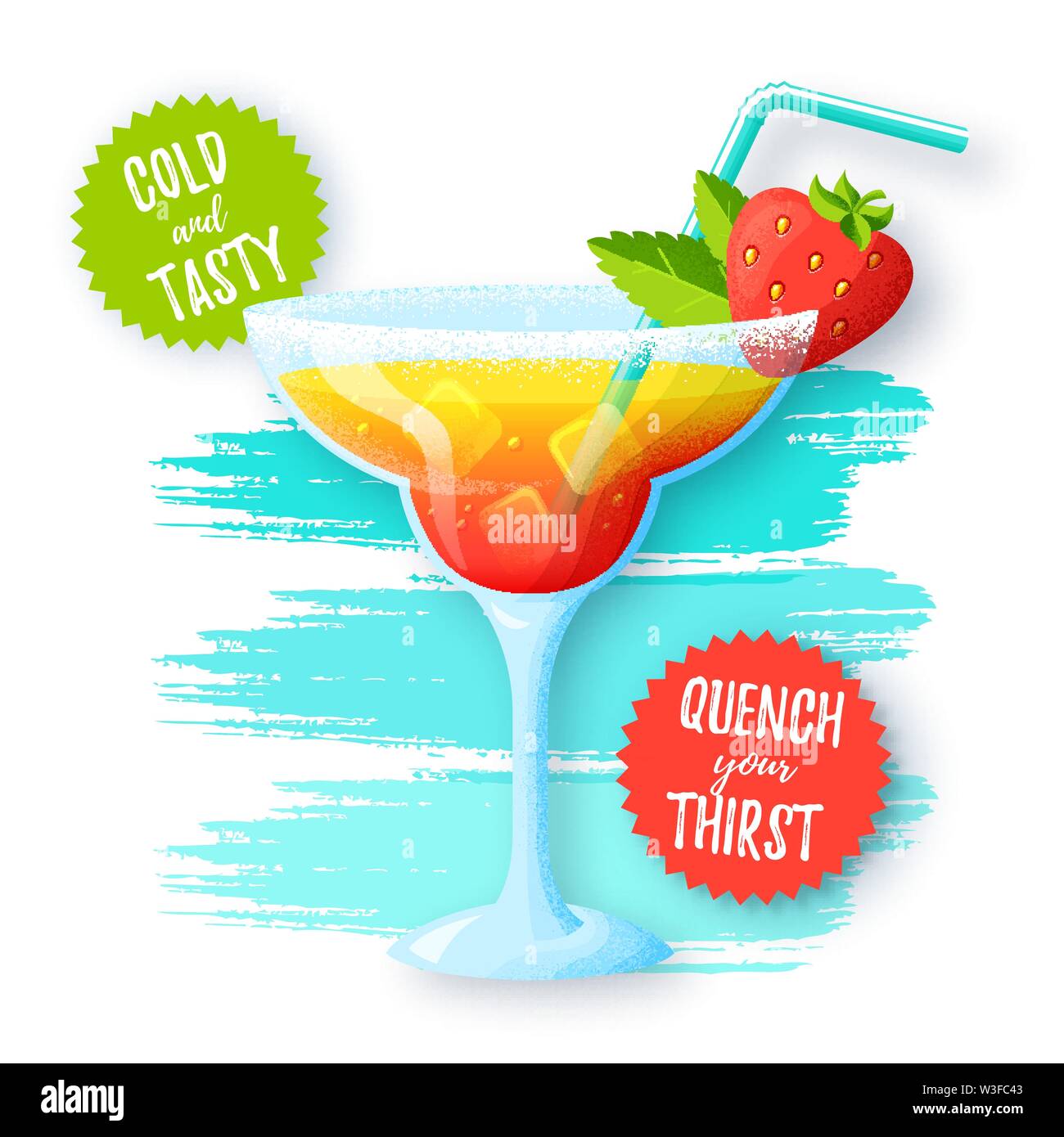 Banner with tropical cocktail. Glass of refreshing summer drink with strawberry and mint on the background of paint brush strokes. Quench your thirst! Stock Vector