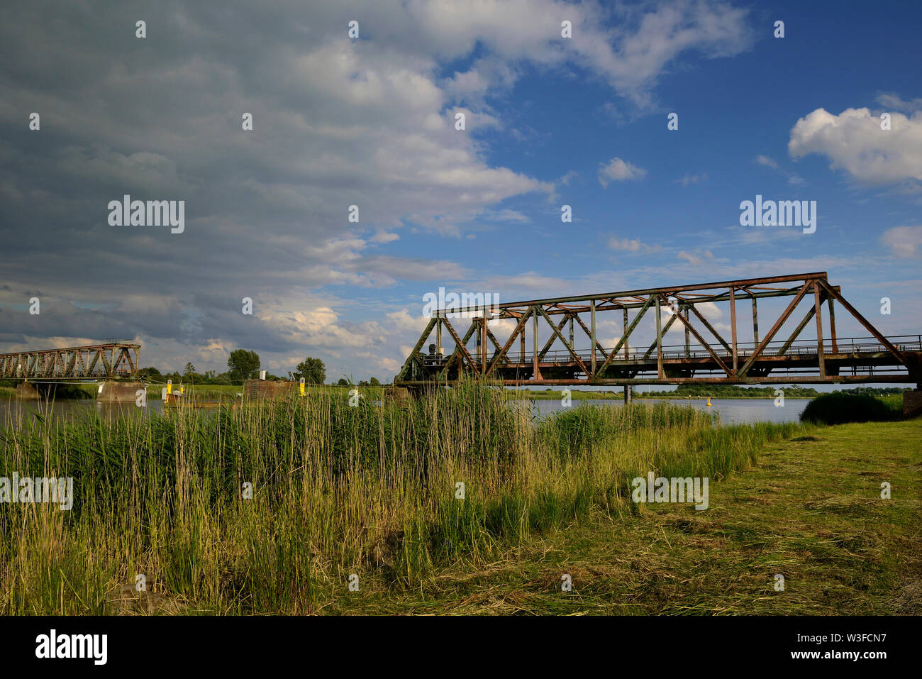weener, niedersachsen/germany - june 29, 2016: the friesen bridge crossing the ems river destroyed on devember 03 2015 during a collision with the car Stock Photo