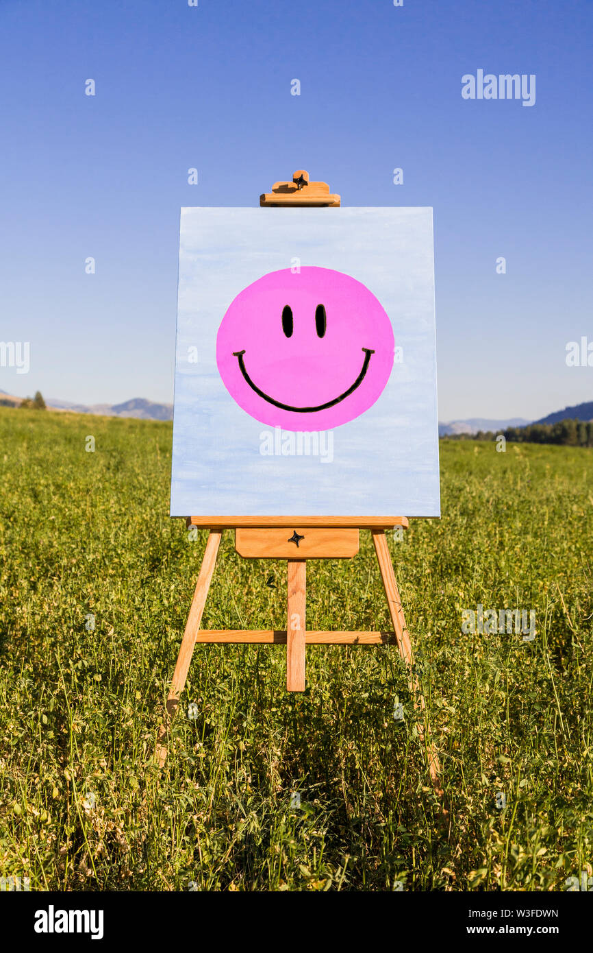 Smiley Face painting on easel in green field. Happiness, creativity, good mood, mental health concepts. Stock Photo