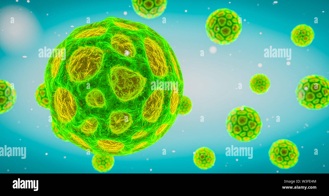Virus floating freely in cell medium viral infection epidemic pandemic flu hepatitis HIV virus  colorful virus 3d rendering Stock Photo