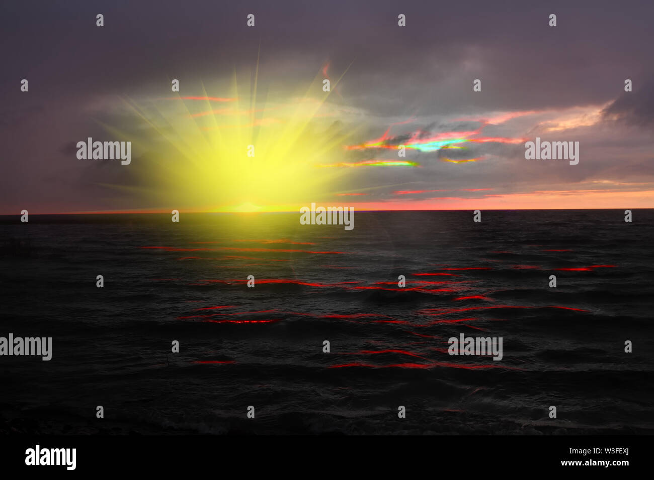atmospheric, mystical sunrise on Epiphany Day (anagoge of appearance of Christ), aura Stock Photo