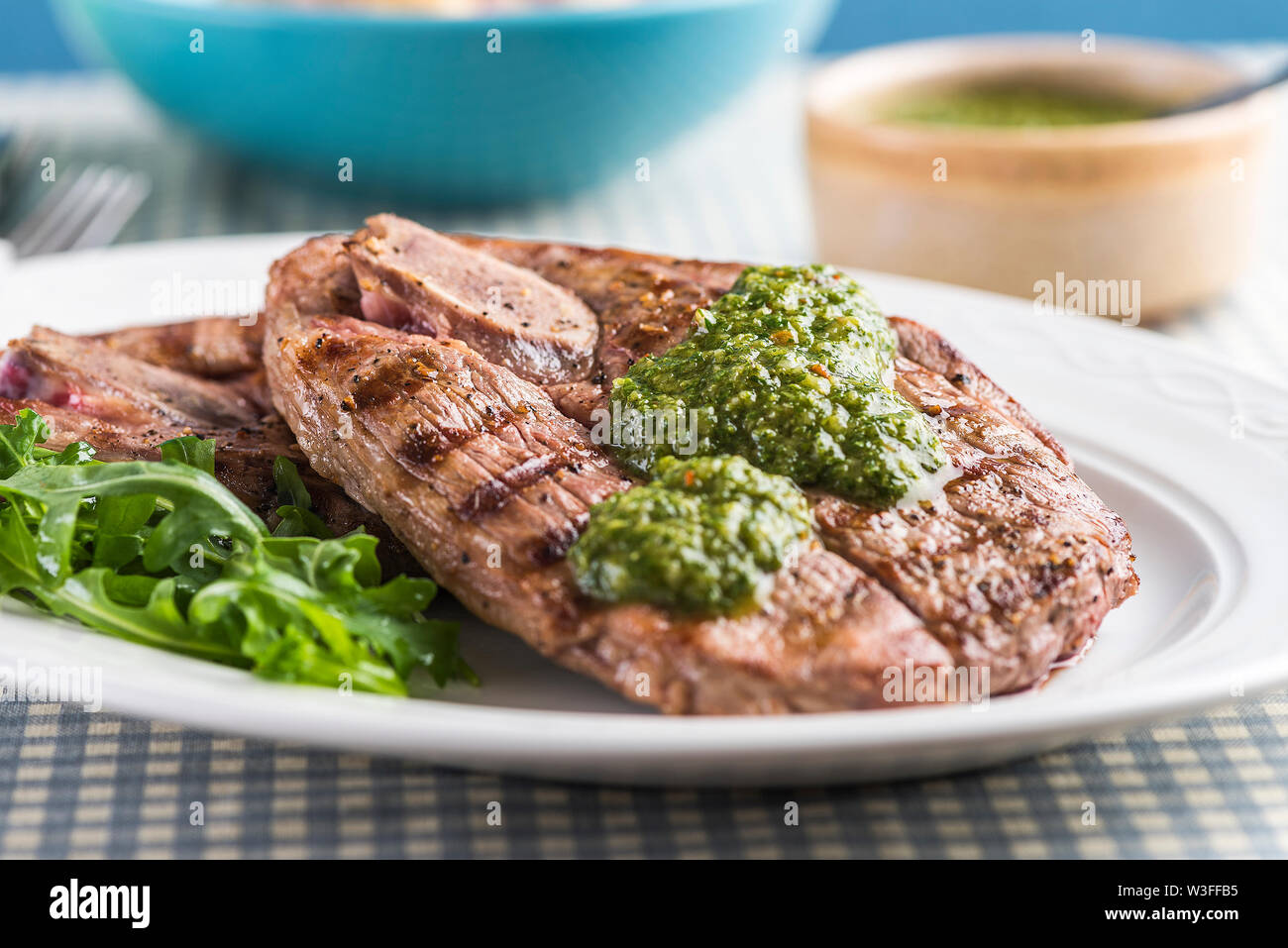 Chargrilled British Lamb Leg Steaks With Chimichurri Sauce And Potato ...