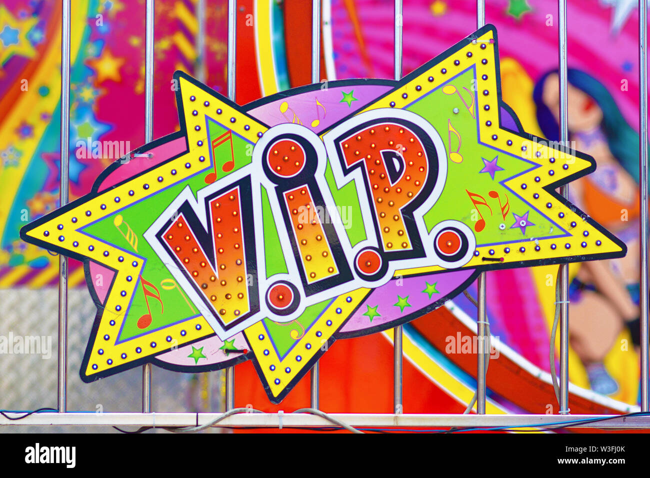 Colorful retro comic style sign saying 'V.I.P.' on funfair attraction Stock Photo
