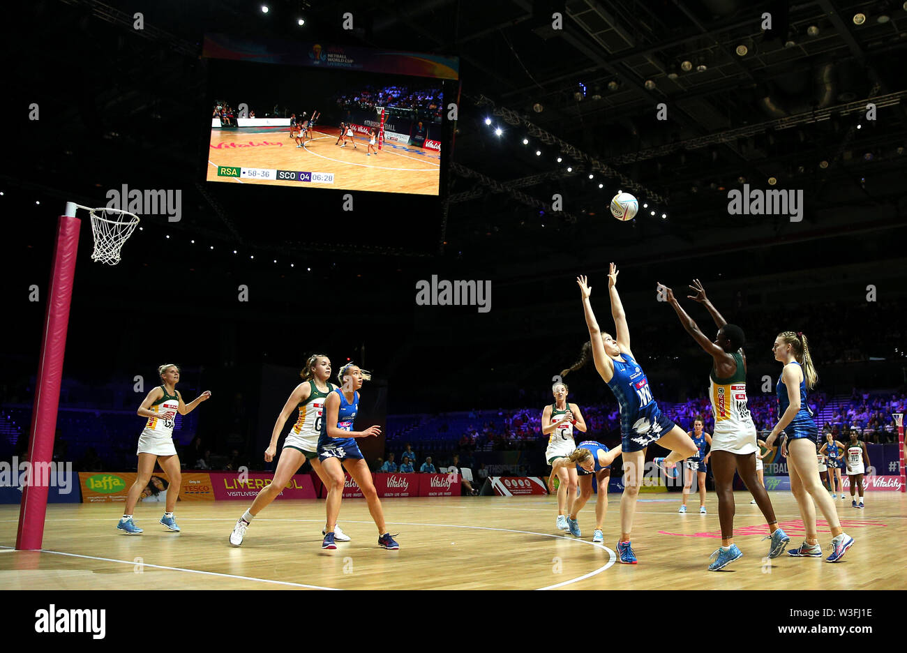 A general view of match action between Scotland and South Africa during the Netball World Cup match at the M&S Bank Arena, Liverpool. Stock Photo