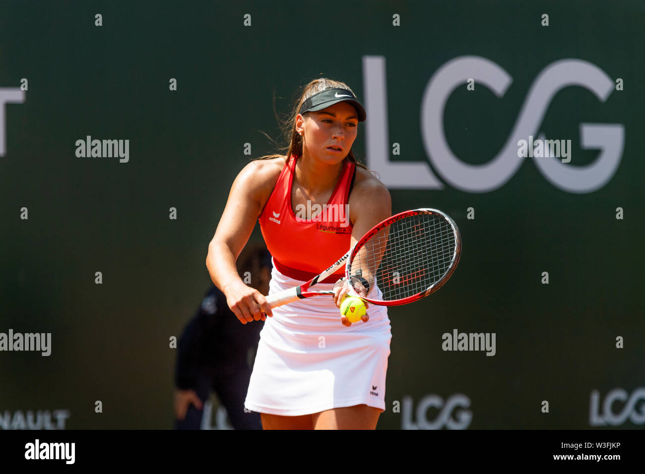 Lausanne, Switzerland. 15th July, 2019. Lausanne-Switzerland, 15/07/2019:  Tess Sugnaux of Switzerland the repare to serve against Jasmine Paolini of  Italy during match of the 16th round of the singles women at the