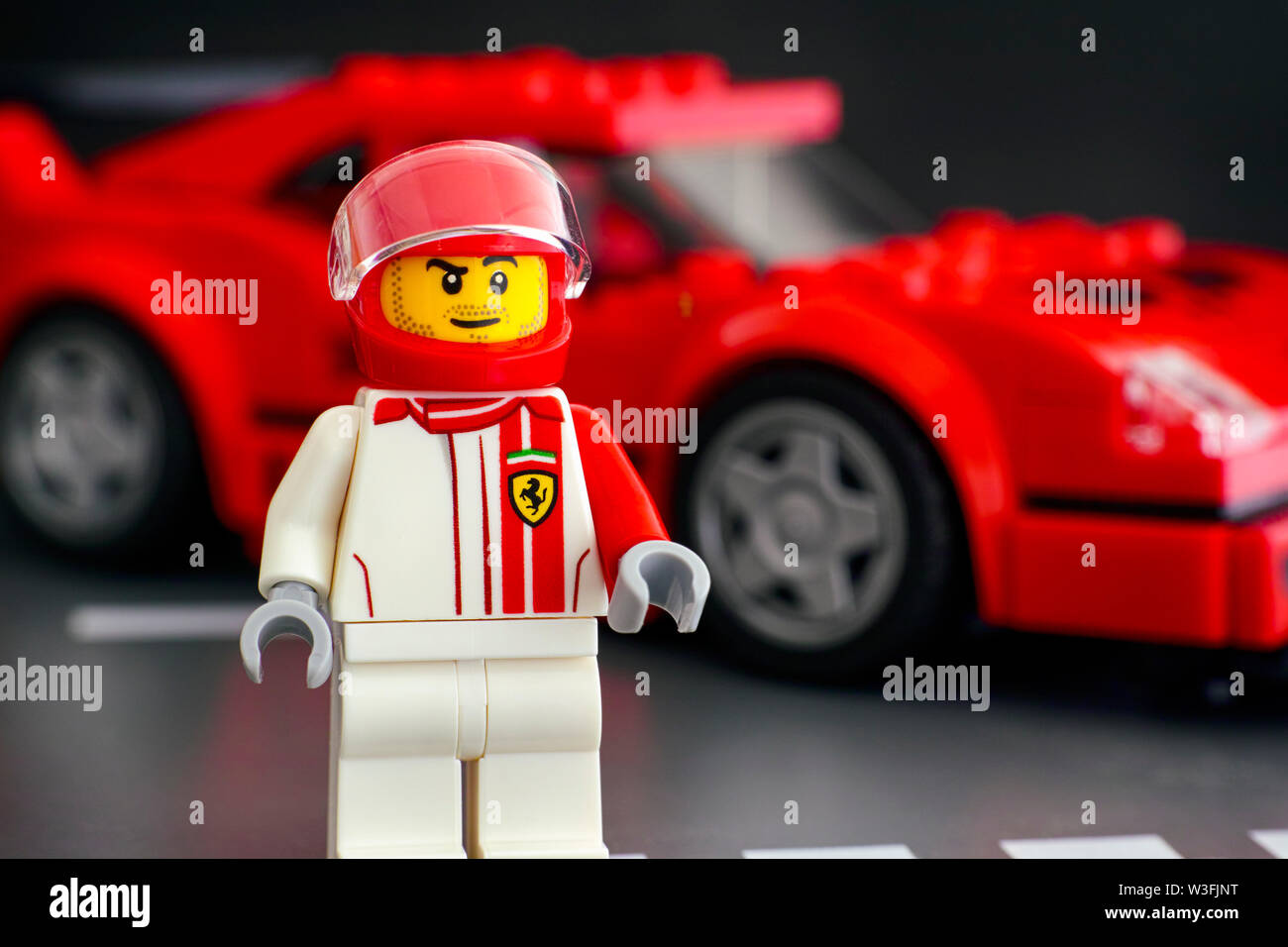 Tambov, Russian Federation - July 02, 2019 Lego Ferrari F40 Competizione  driver minifigure by LEGO Speed Champions against his car. Studio shot  Stock Photo - Alamy