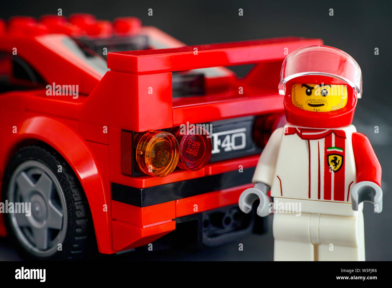 Tambov, Russian Federation - July 02, 2019 Lego Ferrari F40 Competizione  driver minifigure by LEGO Speed Champions standing back his car. Studio  shot Stock Photo - Alamy