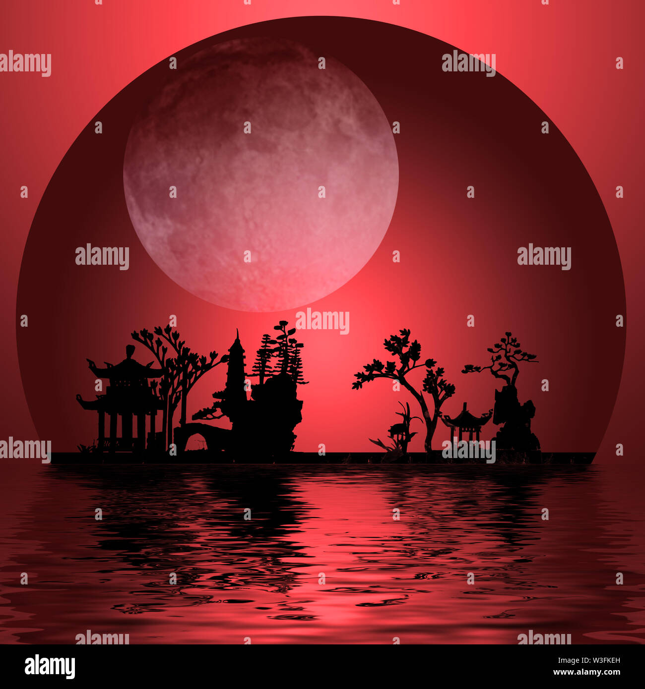 Asia Landscape With Moon Black Silhouettes In Red Colors Background Stock Photo Alamy