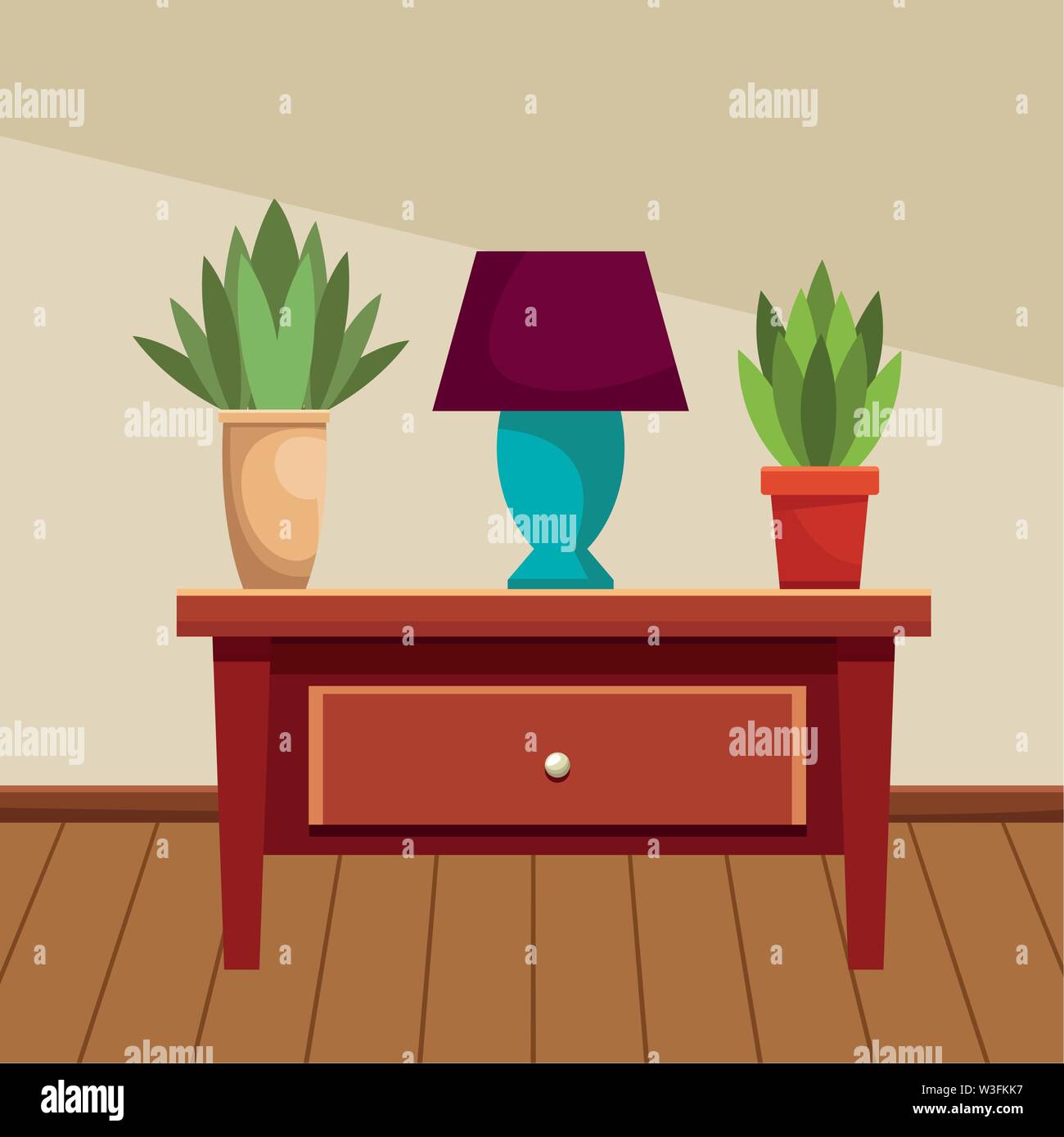 House wooden drawer with light lamp and plant pots Stock Vector Image ...