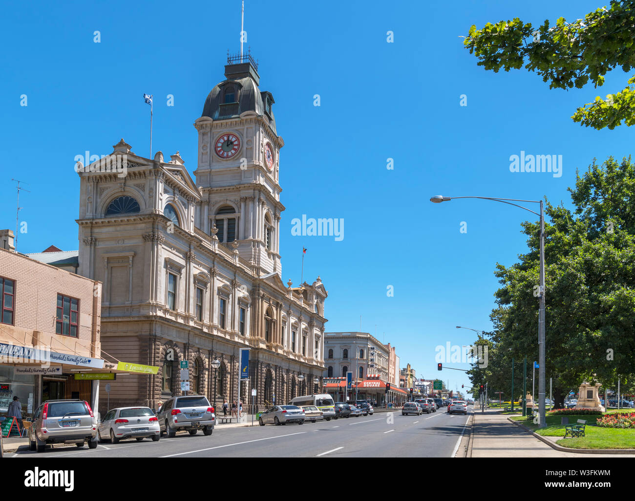 Town Hall and other historic buildings on Sturt Street, the main street in the old gold mining town of Ballarat, Victoria, Australia Stock Photo