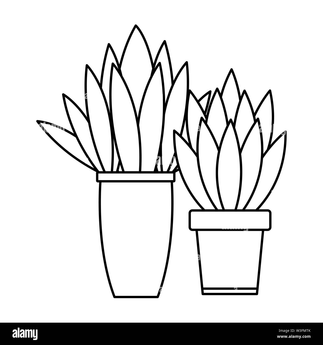 Decorative house plant pots cartoon in black and white Stock Vector