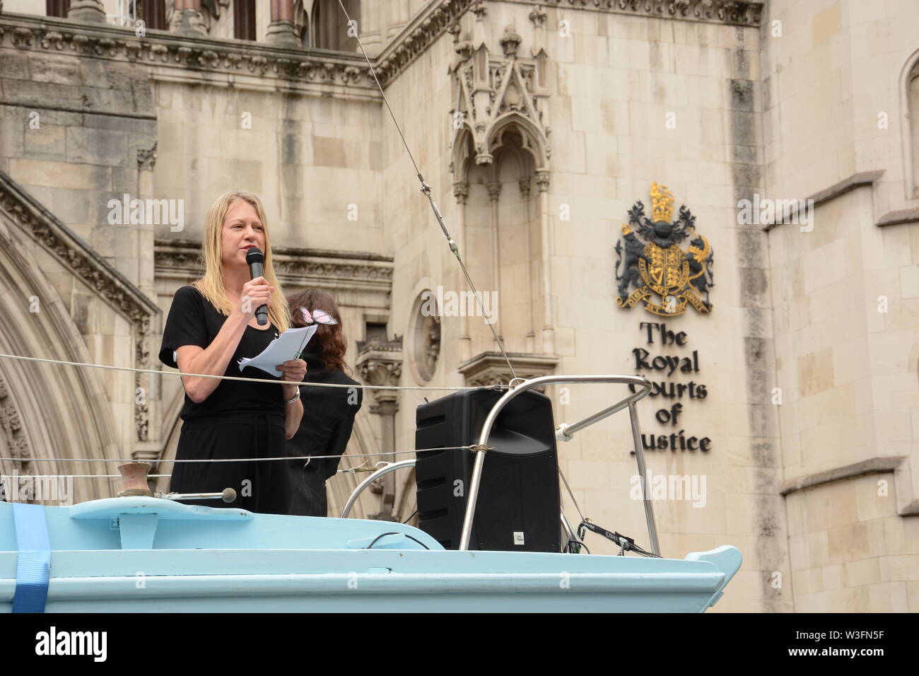 Extinction Rebellion stage a protest outdid the Royal Courts of Justice in central London 15th July 2019. Stock Photo