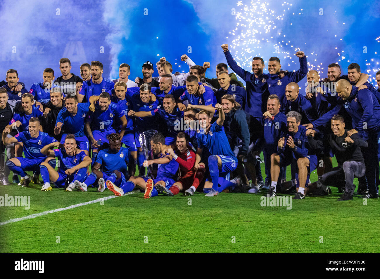 ZAGREB, CROATIA - JULY 13, 2019: Croatian league Supercup, GNK Dinamo vs. HNK  Rijeka. Dinamo players holding trophy and celebrating victory Stock Photo -  Alamy