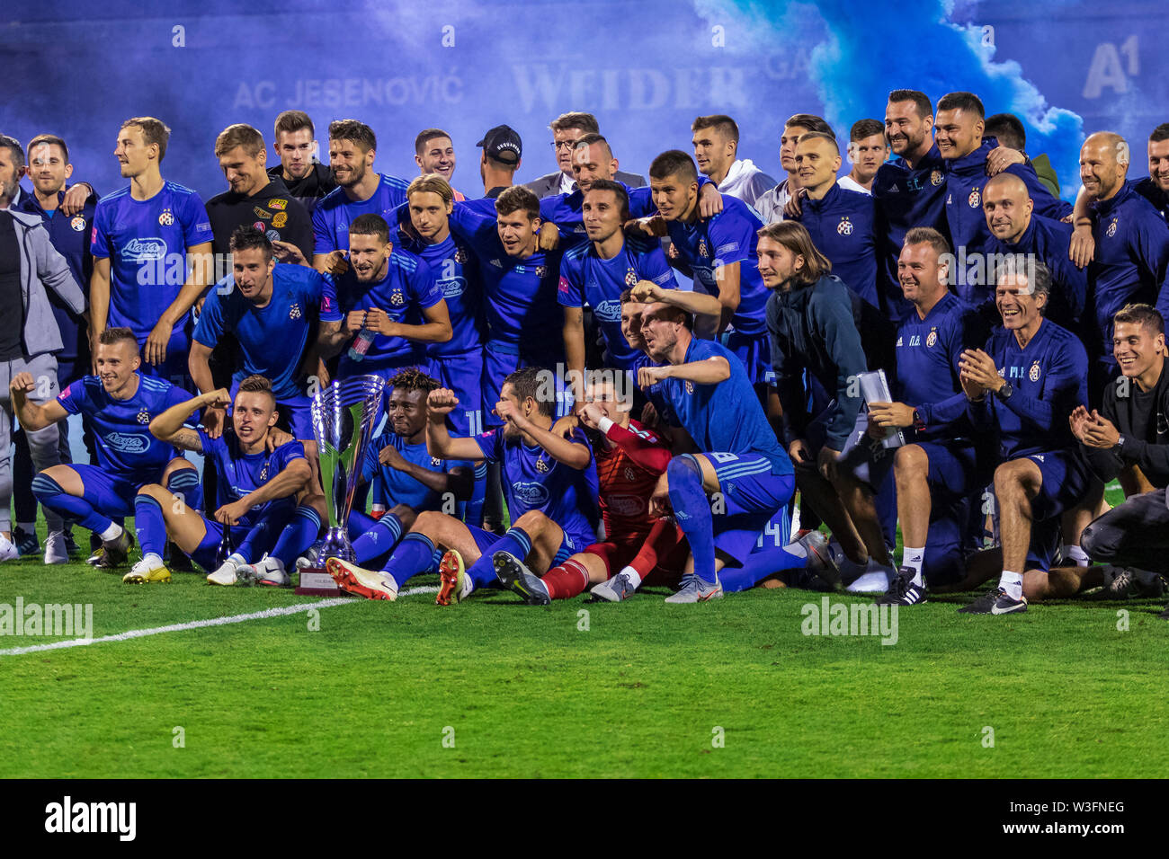 ZAGREB, CROATIA - JULY 13, 2019: Croatian league Supercup, GNK Dinamo vs. HNK  Rijeka. Dinamo players celebrating victory Stock Photo - Alamy