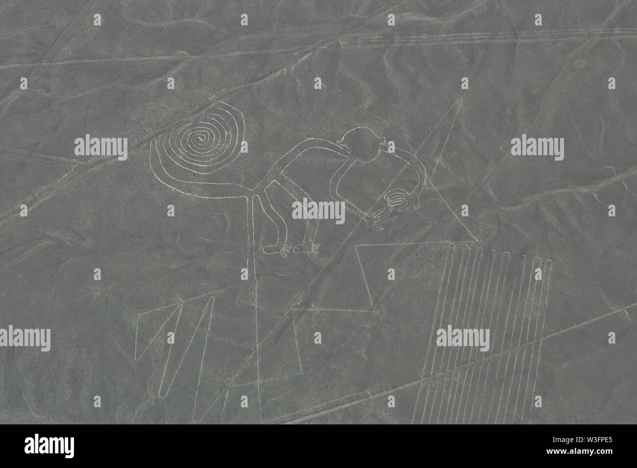 Aerial view of nazca lines representing a Monkey Geoglyph, Nazca, Peru Stock Photo