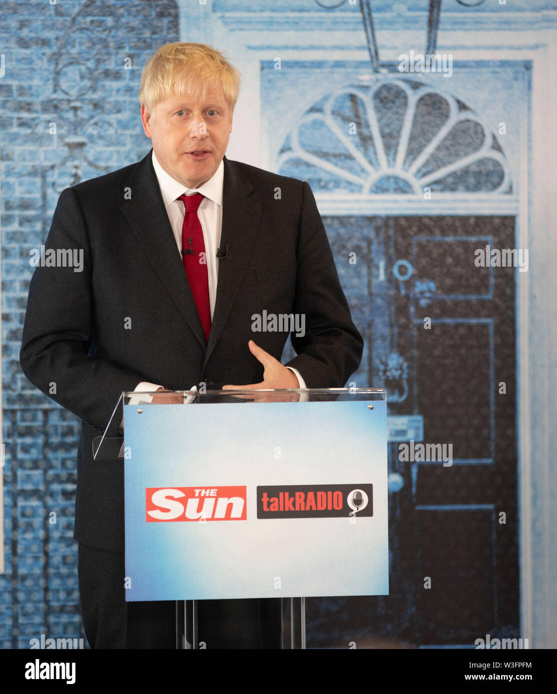 EMBARGOED TO 2030 MONDAY JULY 15 Conservative party leadership candidate Boris  Johnson during a head-to-head debate with Jeremy Hunt hosted by The Sun at Talk  Radio in The News Building, London Stock