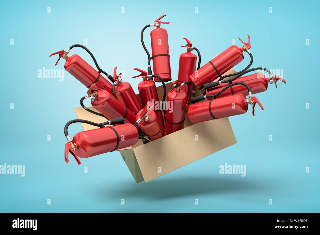 3d rendering of cardboard box in air full of red fire extinguishers which are popping out on light-blue background. Stock Photo