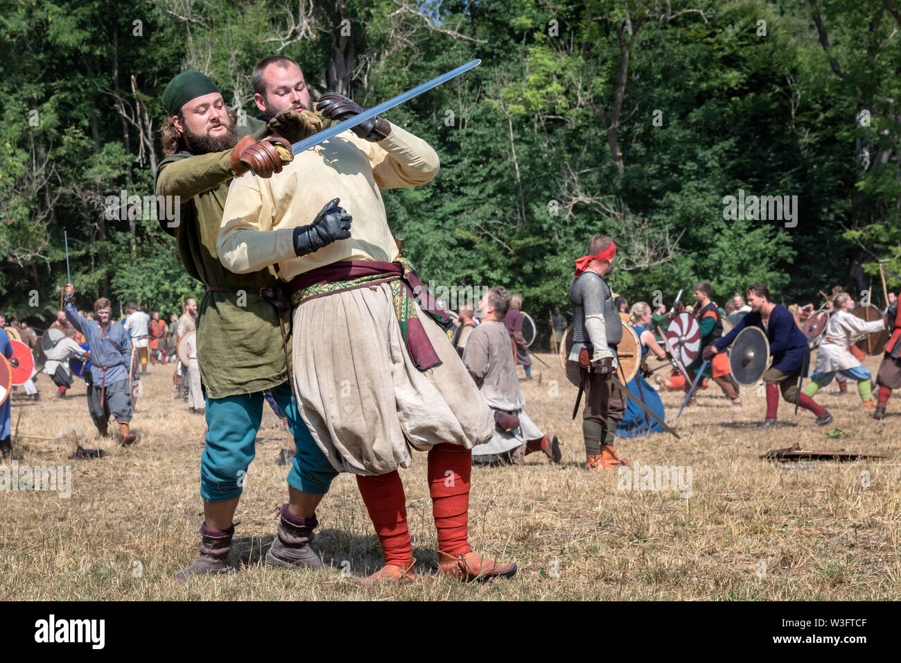 Battle reenactment at the worlds biggest Viking moot, Mosegaard Viking