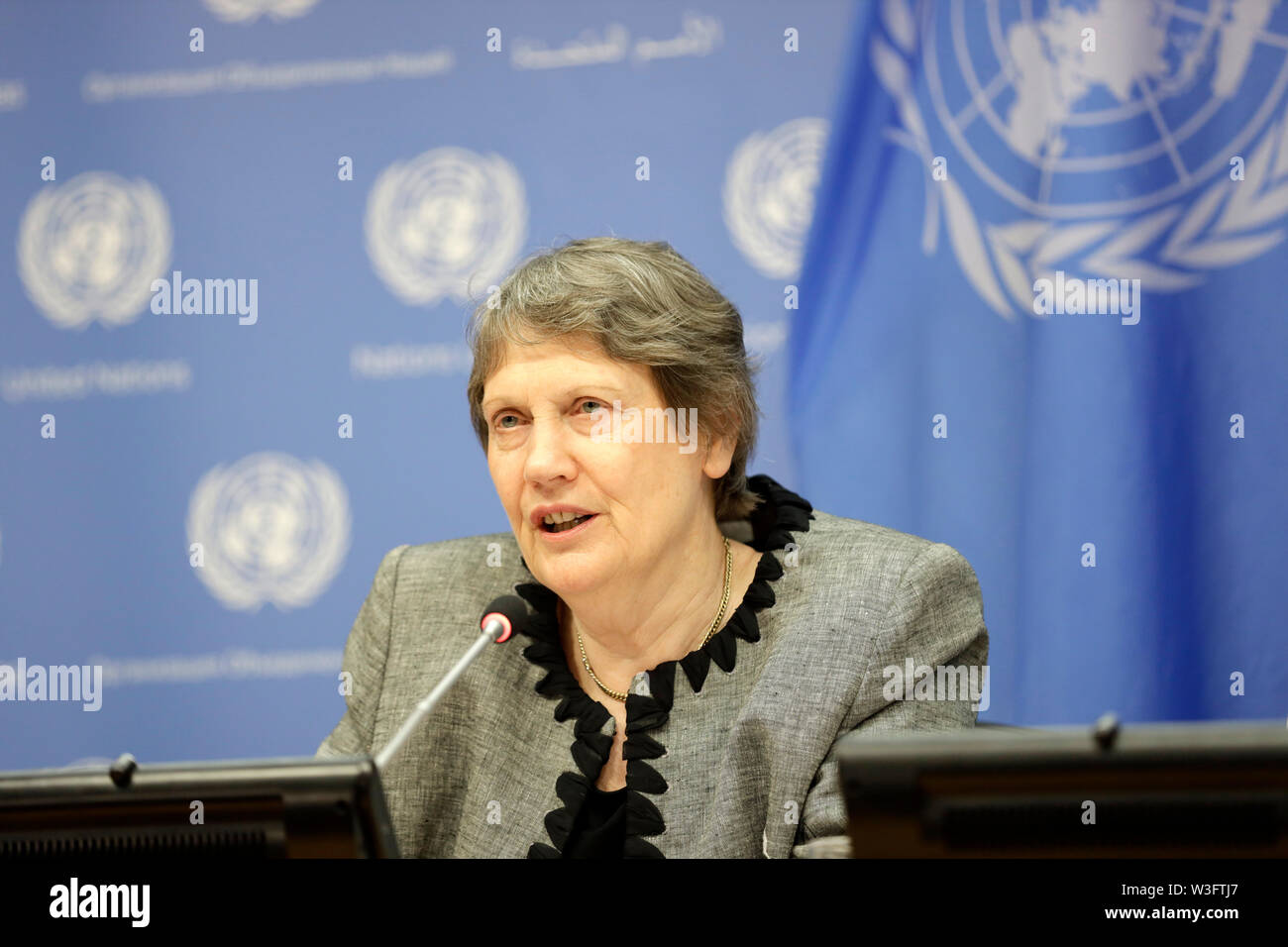 United Nations, UN headquarters in New York. 15th July, 2019. Former Prime Minister of New Zealand Helen Clark speaks to journalists during a press briefing on gender equality and women's leadership for a sustainable world, at the UN headquarters in New York, July 15, 2019. UN General Assembly President Maria Fernanda Espinosa Garces on Monday called on the international community to support women's rights and empowerment. Credit: Li Muzi/Xinhua/Alamy Live News Stock Photo
