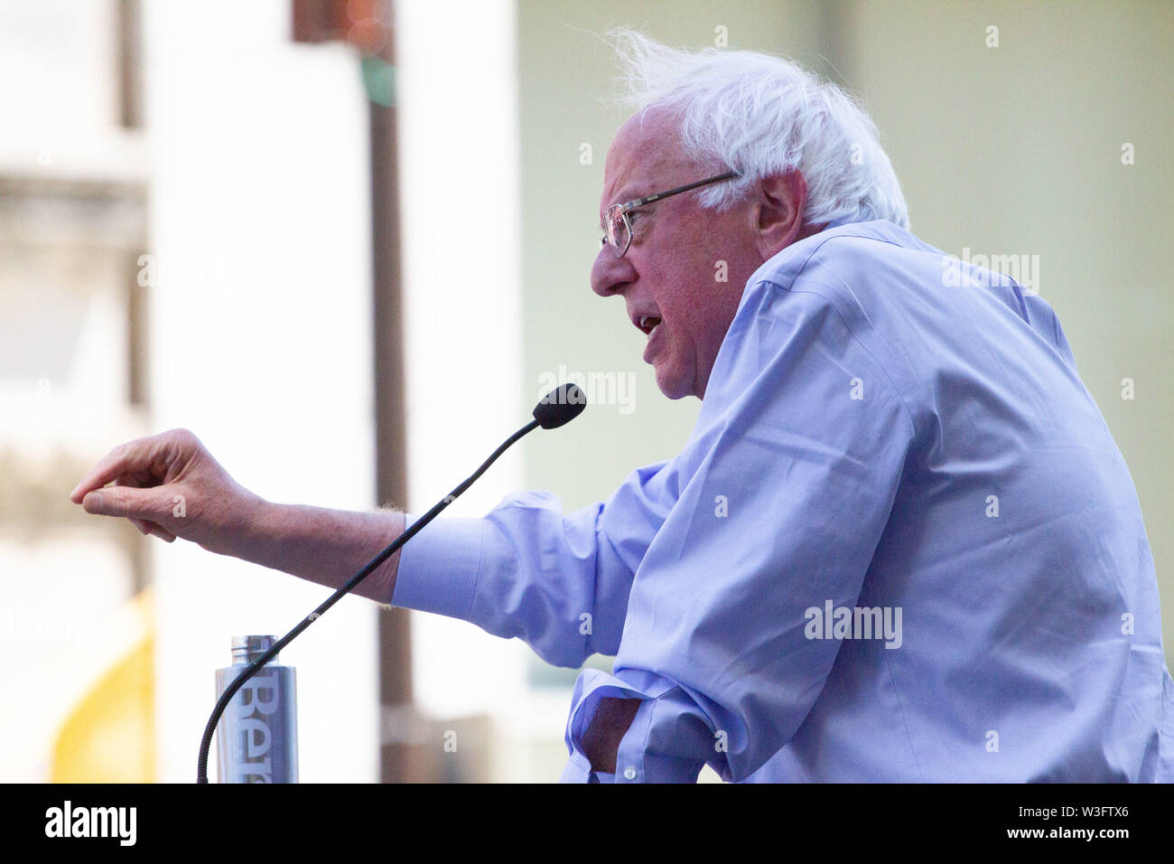 Philadelphia, Pennsylvania, USA. 15th July, 2019. July 15, 2019 - Senator Bernie Sanders addresses the crowd at a rally gathered to protest the closure of Hahnemann University Hospital in Philadelphia, PA, July 15, 2019. Hahnemann, a busy urban healthcare center, is facing imminent closure after being acquired by a hedge fund that is looking to raze the building and turn the land into rental or retail properties. (Credit Image: © Michael CandeloriZUMA Wire) Credit: ZUMA Press, Inc./Alamy Live News Stock Photo