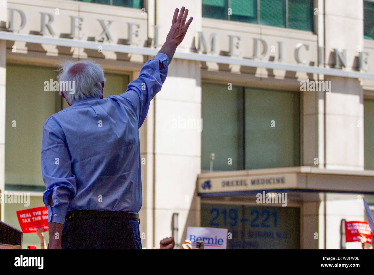 Philadelphia, Pennsylvania, USA. 15th July, 2019. July 15, 2019 - Senator Bernie Sanders arrives at a rally gathered to protest the closure of Hahnemann University Hospital in Philadelphia, PA, July 15, 2019. Hahnemann, a busy urban healthcare center, is facing imminent closure after being acquired by a hedge fund that is looking to raze the building and turn the land into rental or retail properties. (Credit Image: © Michael CandeloriZUMA Wire) Credit: ZUMA Press, Inc./Alamy Live News Stock Photo