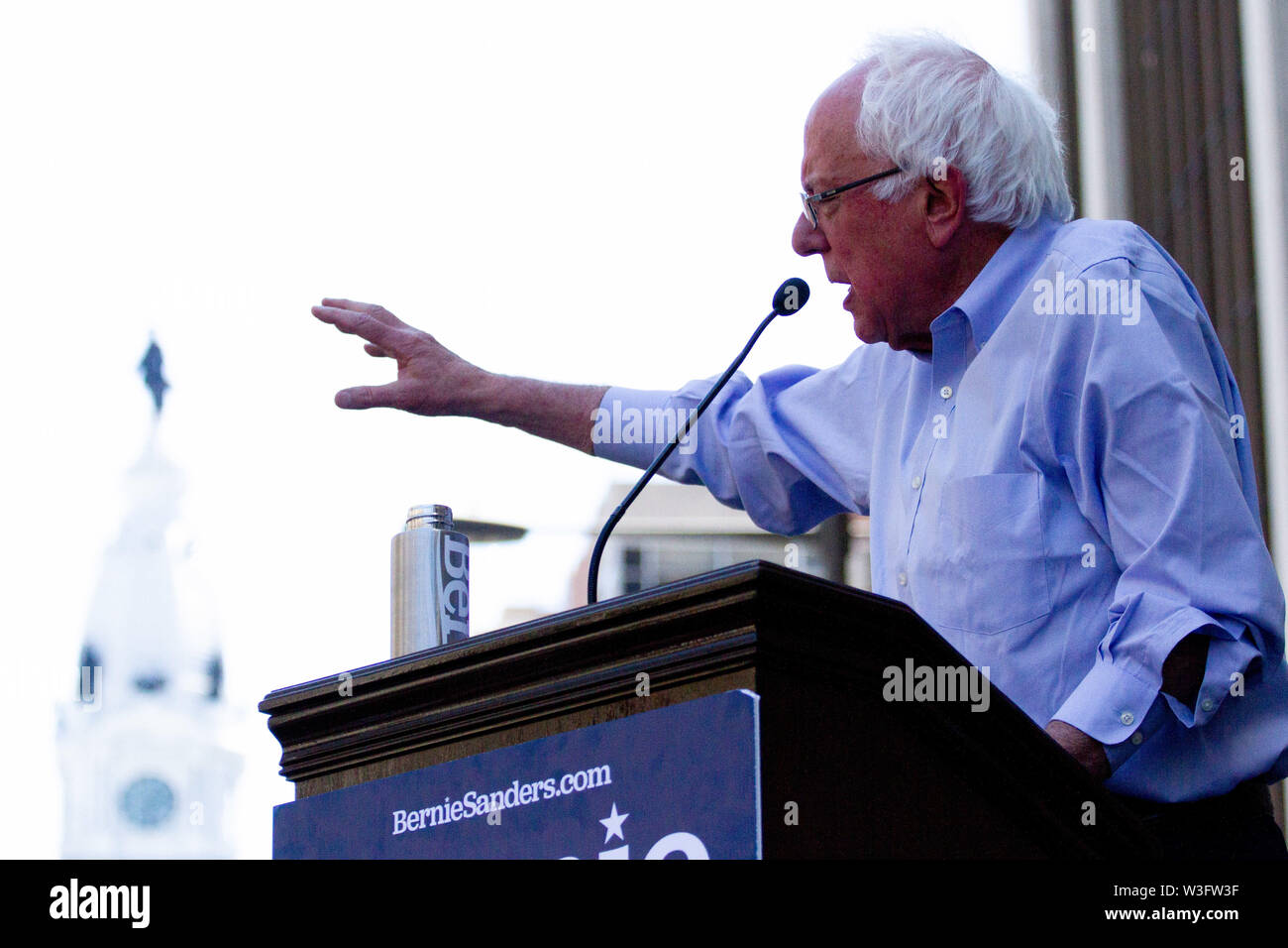 Philadelphia, Pennsylvania, USA. 15th July, 2019. July 15, 2019 - Senator Bernie Sanders addresses the crowd at a rally gathered to protest the closure of Hahnemann University Hospital in Philadelphia, PA, July 15, 2019. Hahnemann, a busy urban healthcare center, is facing imminent closure after being acquired by a hedge fund that is looking to raze the building and turn the land into rental or retail properties. (Credit Image: © Michael CandeloriZUMA Wire) Credit: ZUMA Press, Inc./Alamy Live News Stock Photo