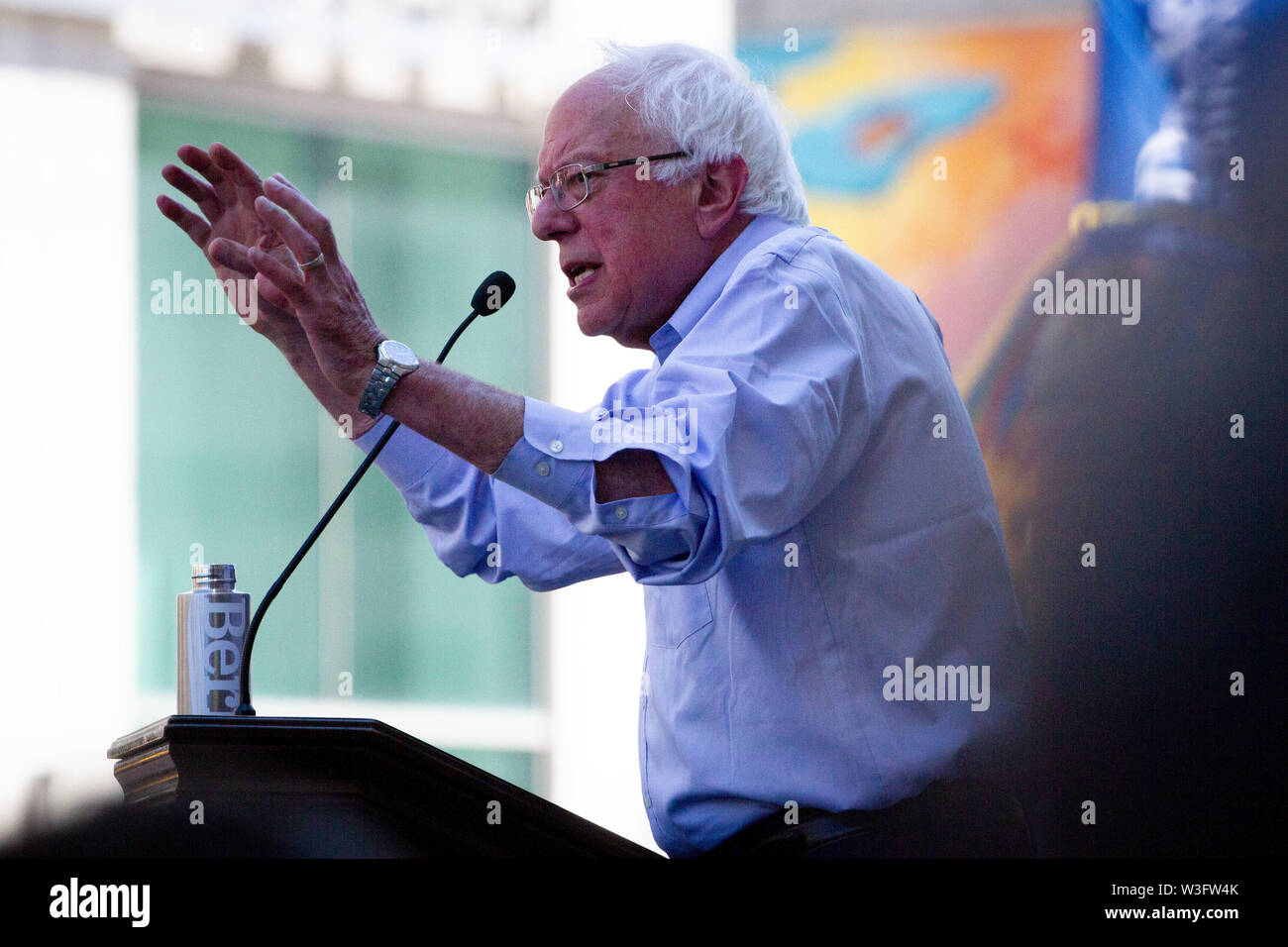 Philadelphia, Pennsylvania, USA. 15th July, 2019. Senator Bernie Sanders addresses the crowd at a rally gathered to protest the closure of Hahnemann University Hospital in Philadelphia, PA, July 15, 2019. Hahnemann, a busy urban healthcare center, is facing imminent closure after being acquired by a hedge fund that is looking to raze the building and turn the land into rental or retail properties. 15th July, 2019. Credit: Michael Candelori/ZUMA Wire/Alamy Live News Credit: ZUMA Press, Inc./Alamy Live News Stock Photo