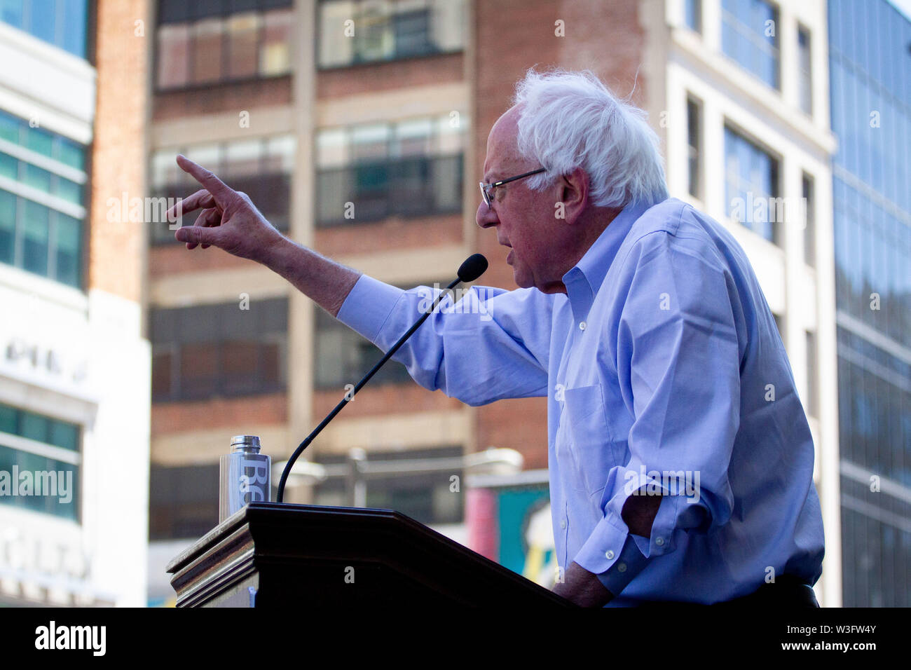 Philadelphia, Pennsylvania, USA. 15th July, 2019. July 15, 2019 - Senator Bernie Sanders addresses the crowd at a rally gathered to protest the closure of Hahnemann University Hospital in Philadelphia, PA, July 15, 2019. Hahnemann, a busy urban healthcare center, is facing imminent closure after being acquired by a hedge fund that is looking to raze the building and turn the land into rental or retail properties. (Credit Image: © Michael CandeloriZUMA Wire) Credit: ZUMA Press, Inc./Alamy Live News Stock Photo