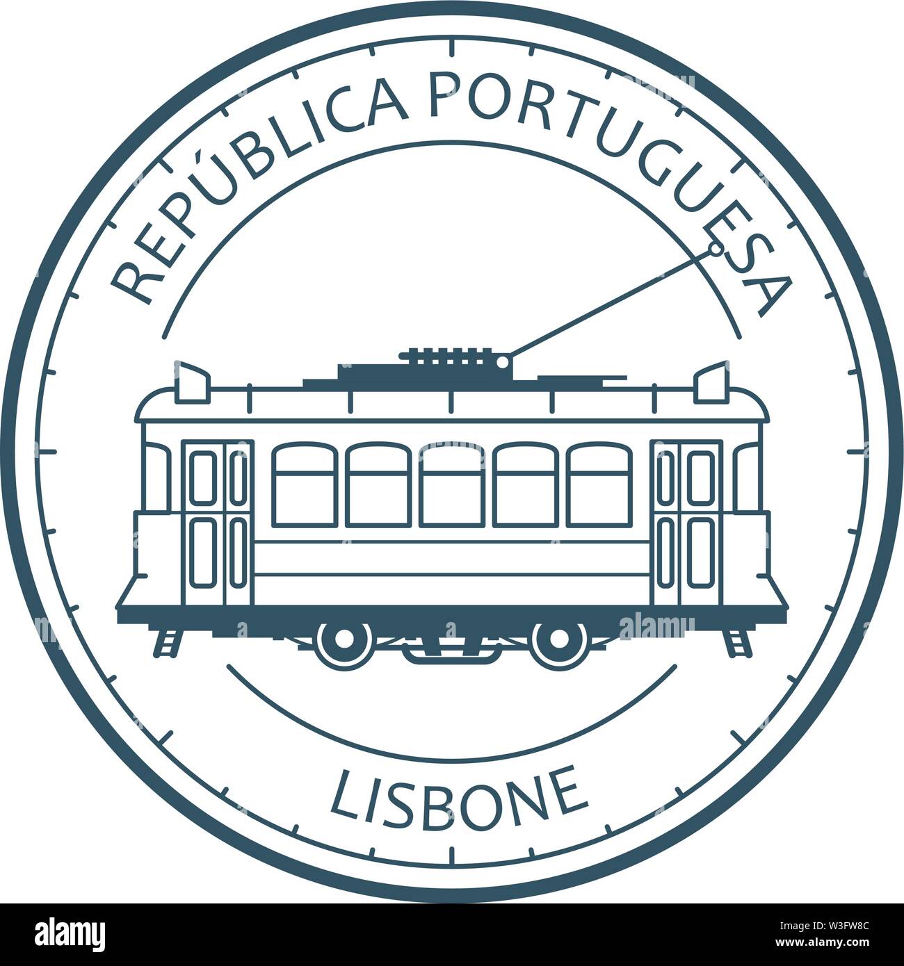 Vintage city tram - tramway in Lisbon, Portugal emblem, outline of retro tramcar Stock Vector