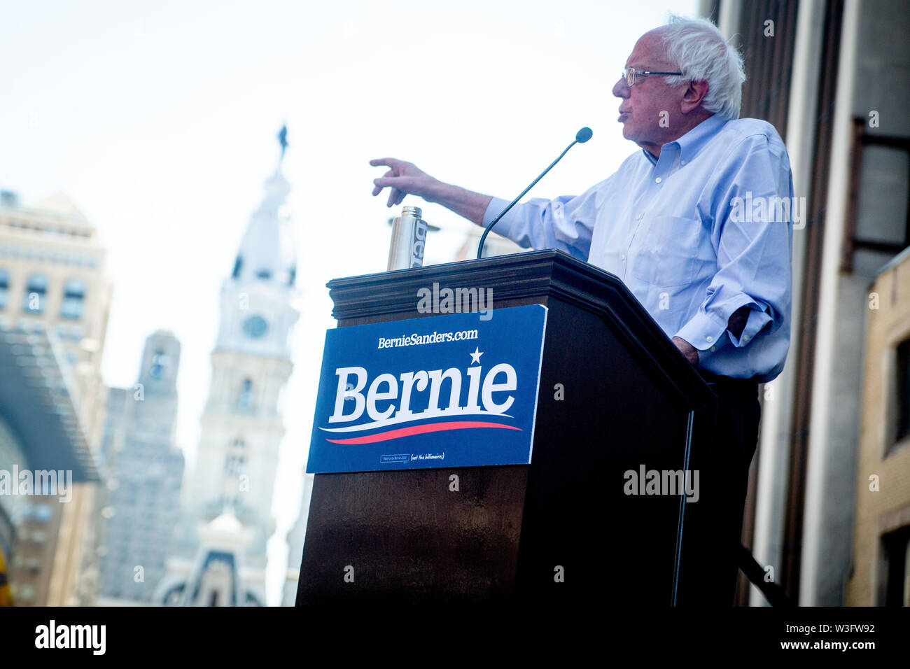 Philadelphia, Pennsylvania, USA. 15th July, 2019. Senator Bernie Sanders addresses the crowd at a rally gathered to protest the closure of Hahnemann University Hospital in Philadelphia, PA, July 15, 2019. Hahnemann, a busy urban healthcare center, is facing imminent closure after being acquired by a hedge fund that is looking to raze the building and turn the land into rental or retail properties. 15th July, 2019. Credit: Michael Candelori/ZUMA Wire/Alamy Live News Credit: ZUMA Press, Inc./Alamy Live News Stock Photo