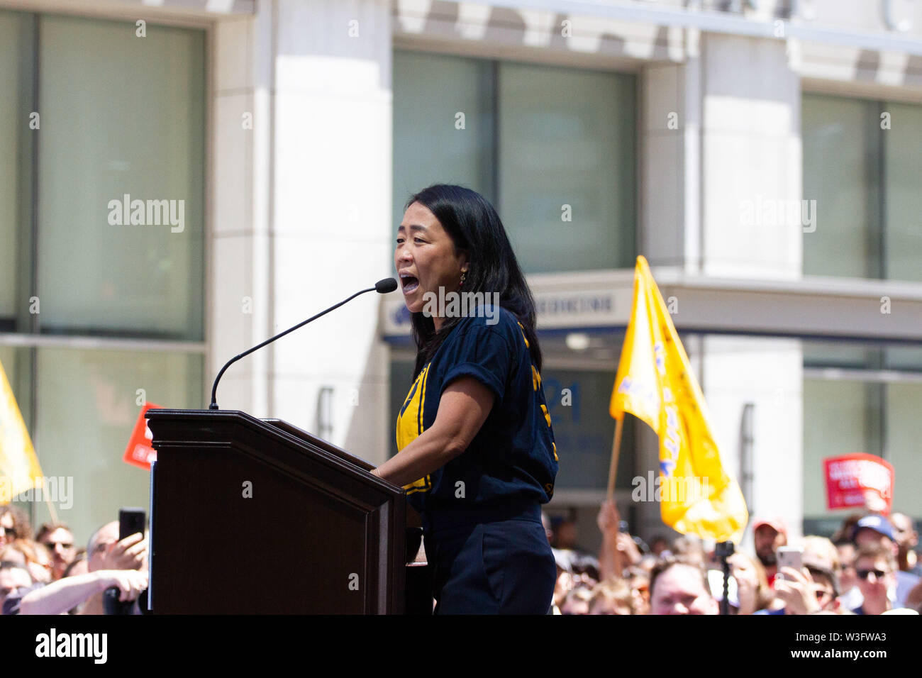 Philadelphia, Pennsylvania, USA. 15th July, 2019. Philadelphia Councilwoman Helen Gym addresses the crowd at a rally gathered to protest the closure of Hahnemann University Hospital, July 15, 2019. Hahnemann, a busy urban healthcare center, is facing imminent closure after being acquired by a hedge fund that is looking to raze the building and turn the land into rental or retail properties. 15th July, 2019. Credit: Michael Candelori/ZUMA Wire/Alamy Live News Credit: ZUMA Press, Inc./Alamy Live News Stock Photo