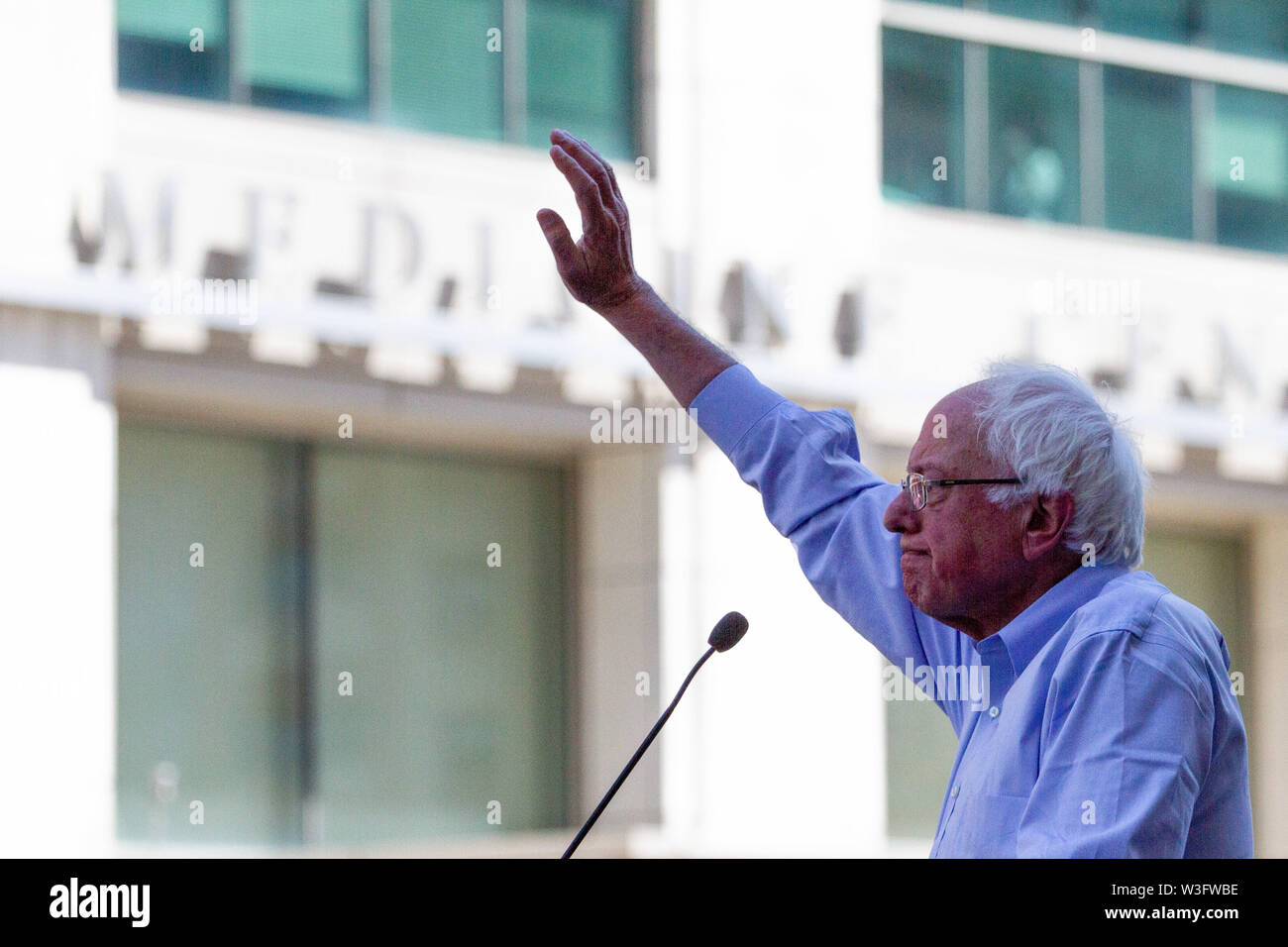 Philadelphia, Pennsylvania, USA. 15th July, 2019. Senator Bernie Sanders addresses the crowd at a rally gathered to protest the closure of Hahnemann University Hospital in Philadelphia, PA, July 15, 2019. Hahnemann, a busy urban healthcare center, is facing imminent closure after being acquired by a hedge fund that is looking to raze the building and turn the land into rental or retail properties. 15th July, 2019. Credit: Michael Candelori/ZUMA Wire/Alamy Live News Credit: ZUMA Press, Inc./Alamy Live News Stock Photo