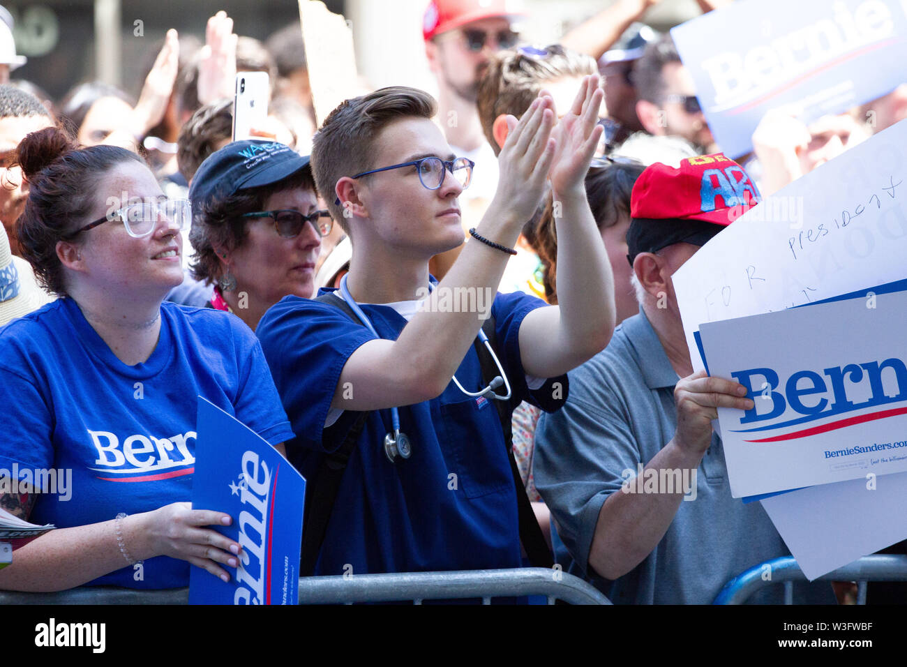 Philadelphia, Pennsylvania, USA. 15th July, 2019. A crowd of hundreds gathers to protest the closure of Hahnemann University Hospital in Philadelphia, PA, July 15, 2019. Hahnemann, a busy urban healthcare center, is facing imminent closure after being acquired by a hedge fund that is looking to raze the building and turn the land into rental or retail properties. 15th July, 2019. Credit: Michael Candelori/ZUMA Wire/Alamy Live News Credit: ZUMA Press, Inc./Alamy Live News Stock Photo