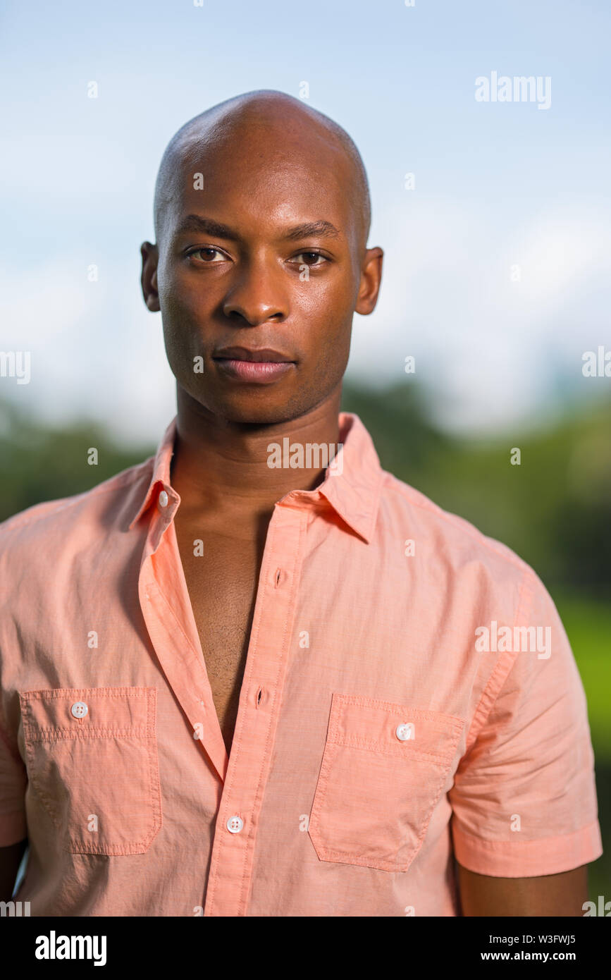 Portrait of a handsome young African American male model looking at camera. Bald  man wearing a pink button shirt on blurry background Stock Photo - Alamy