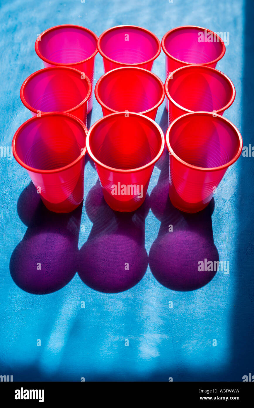 Red Plastic Party Cups Set Isolated On White Background Stock